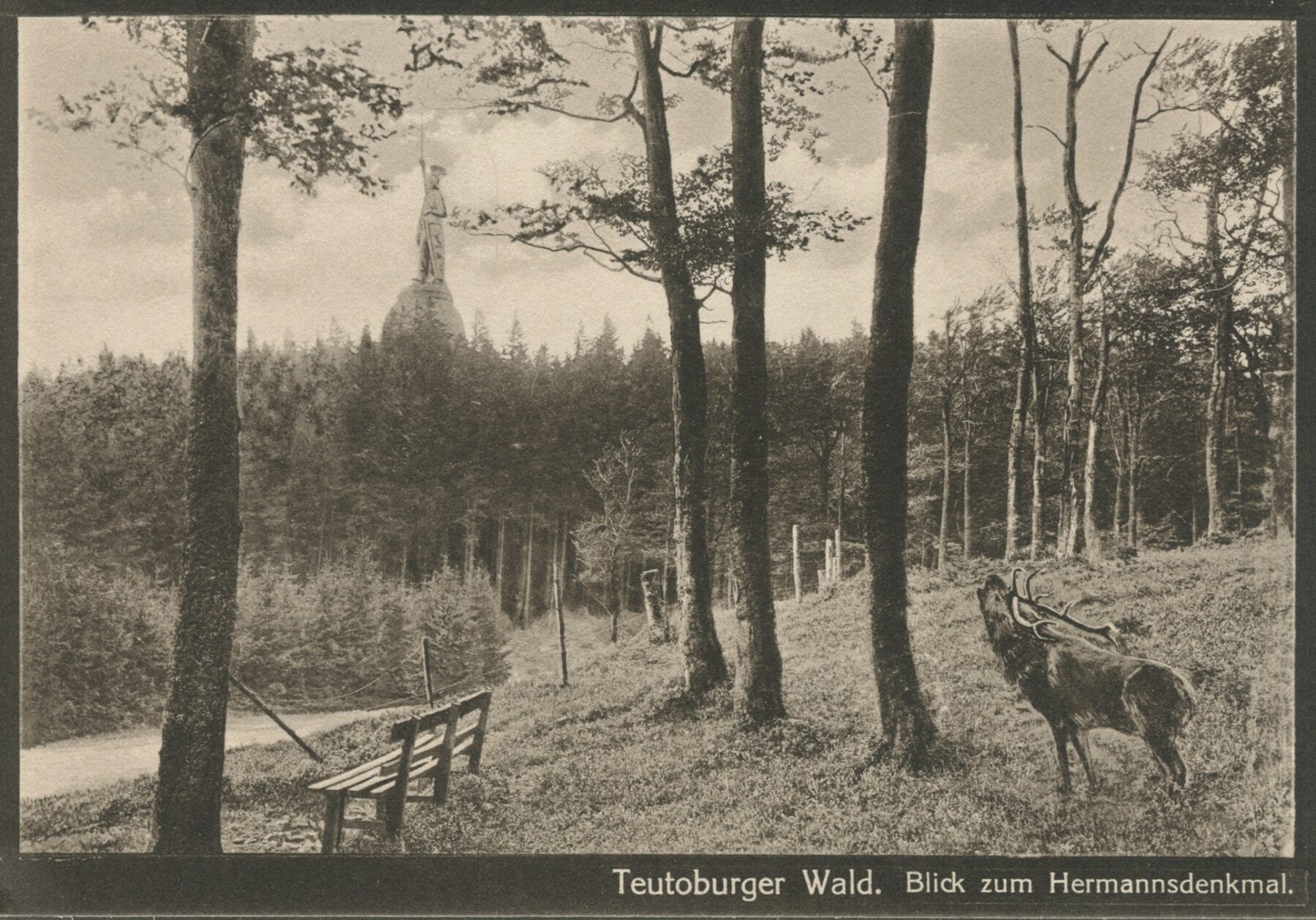 Blick auf das Hermannsdenkmal von einem Wanderweg mit Bank aus, rechts ein röhrender Hirsch